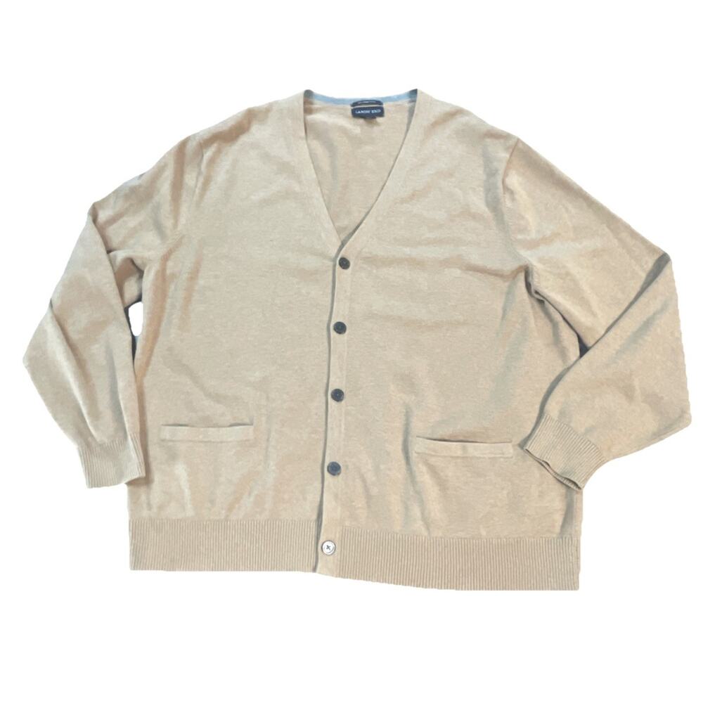 Lands End Cardigan Tan Grandpa V Neck Fine Gauge Cotton Sweater‎ Minimalist 2XL